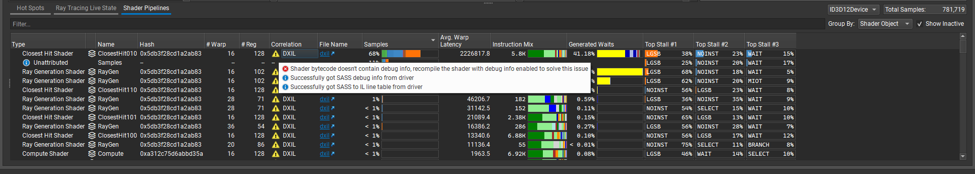 creenshot with tooltip that reads, “Shader bytecode does not contain debugging information. Recompile the shader with debug info enabled to solve this issue.”
